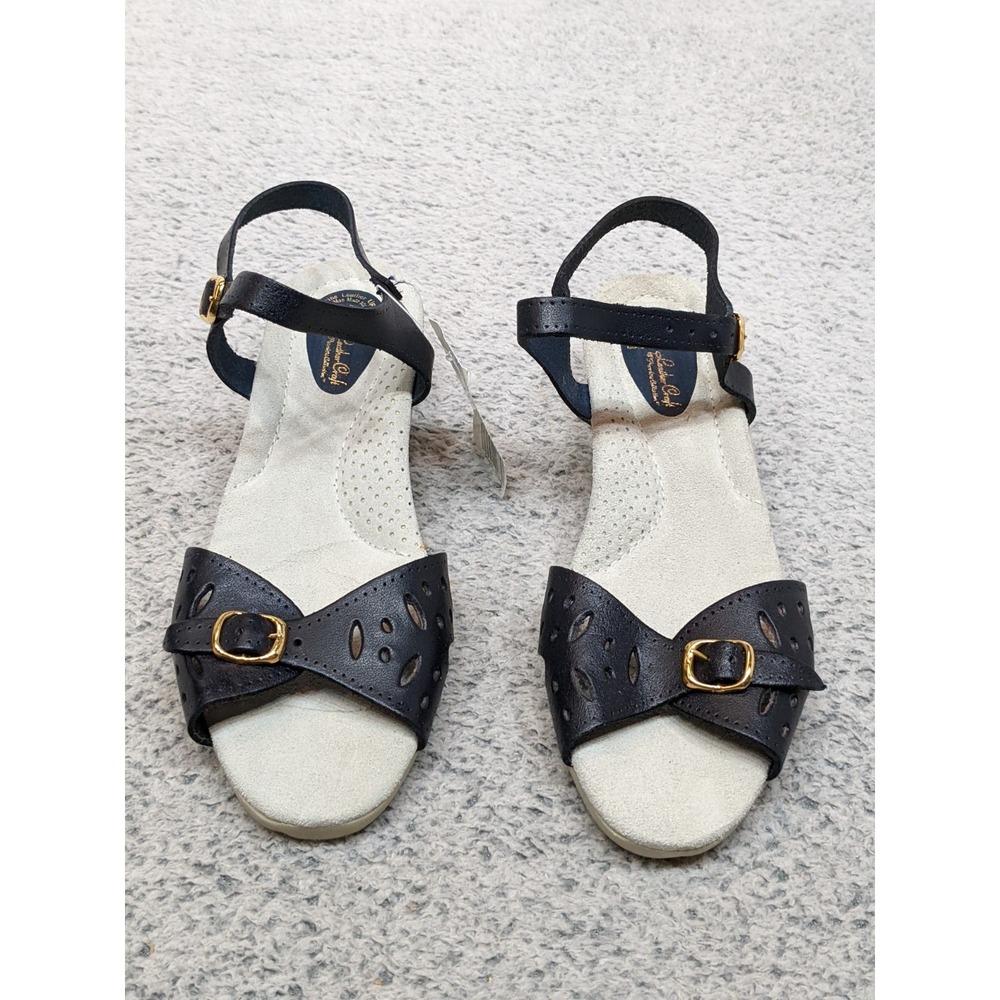 Vintage Y2K Leather Craft Wedge Sandals Debi Made in Spain  Navy Blue Size 6 NIB